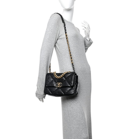 Shiny Goatskin Quilted Medium Chanel 19 Flap Black