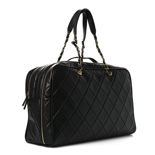Shiny Grained Calfskin Quilted Large Travel Bowling Bag Black