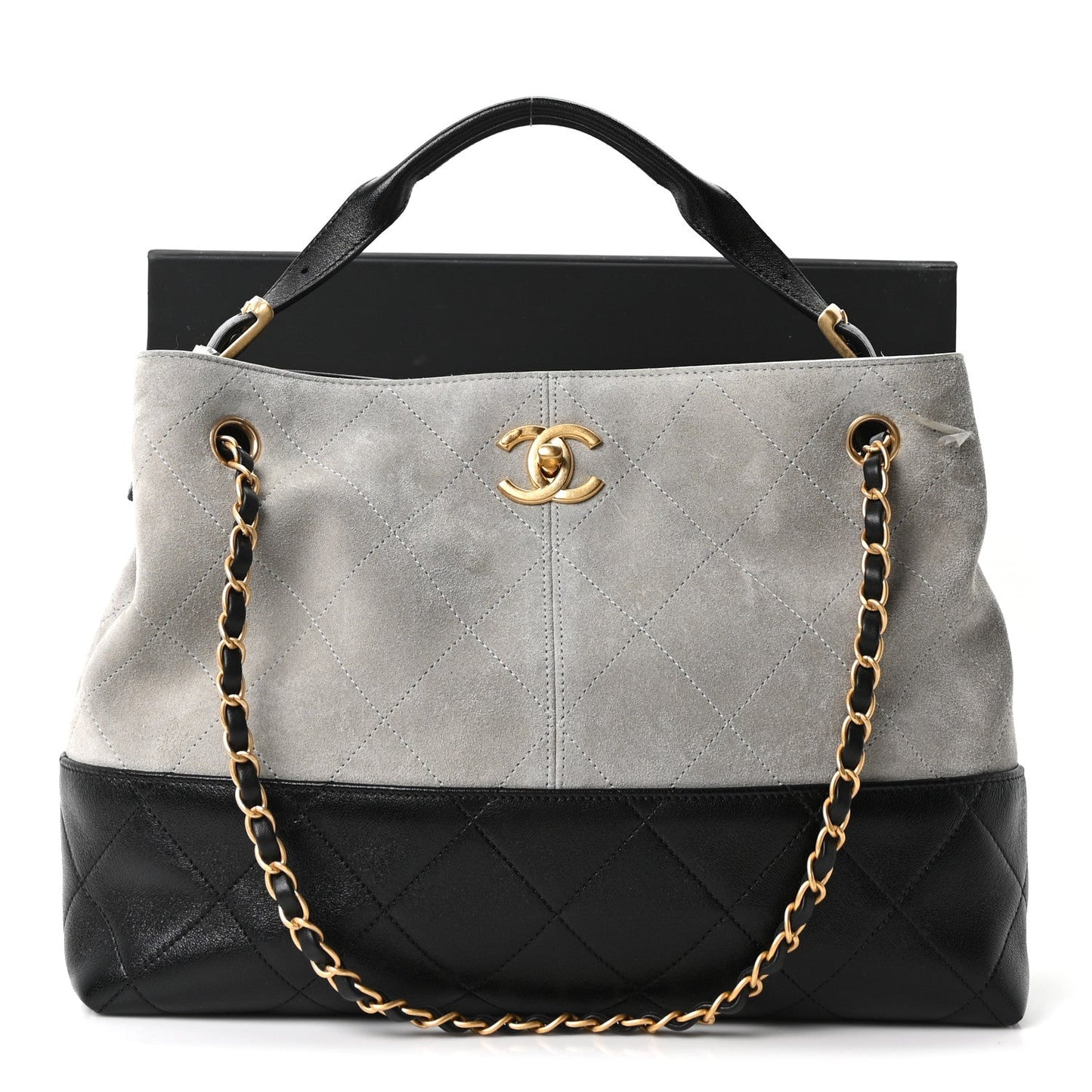 Suede Calfskin Shiny Lambskin Quilted Small Coco Base Shopping Bag Grey Black