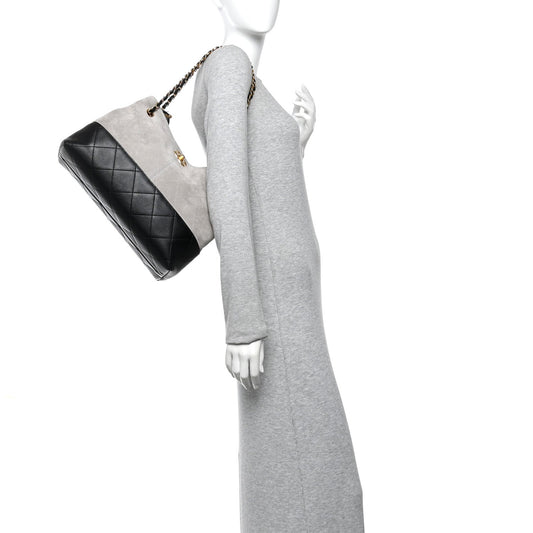 Suede Calfskin Shiny Lambskin Quilted Small Coco Base Shopping Bag Grey Black