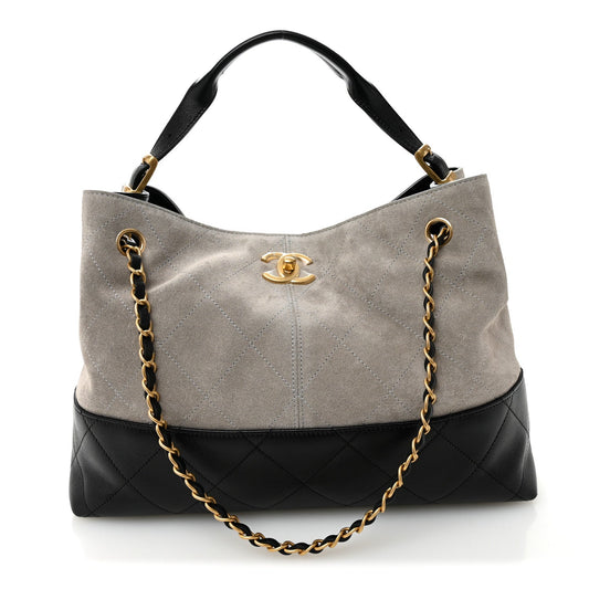 Suede Calfskin Shiny Lambskin Quilted Small Coco Base Shopping Bag Grey Black