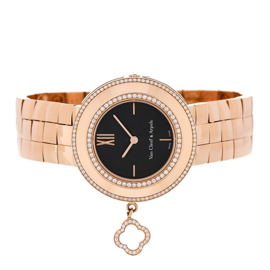 18K Rose Gold Diamond Bezel 32mm Charms Quartz Watch Black