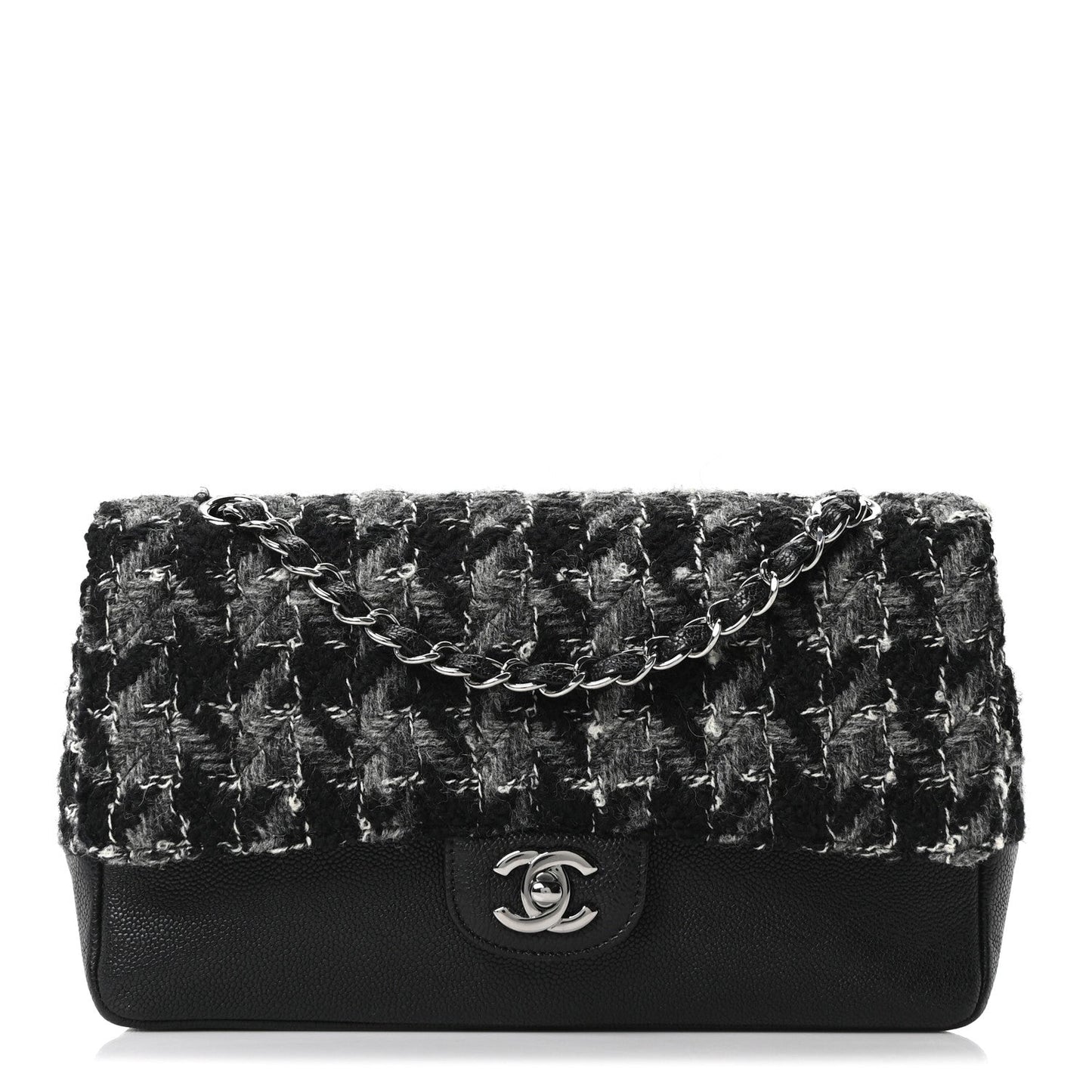 Caviar Tweed Houndstooth Quilted Medium Double Flap Black Grey