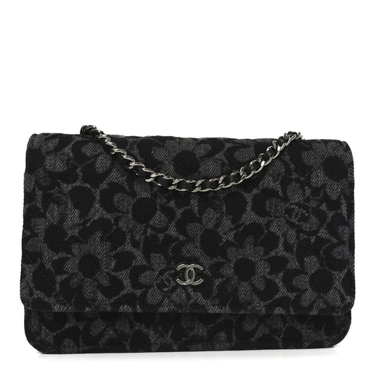 Printed Denim Quilted Flower Wallet On Chain WOC Black