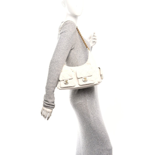 Shiny Lambskin Quilted Trendy Pockets Hobo White