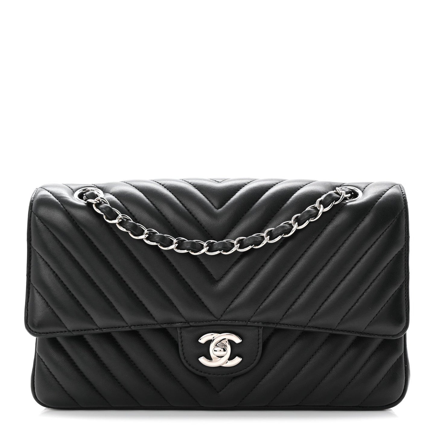 Lambskin Chevron Quilted Medium Double Flap Black