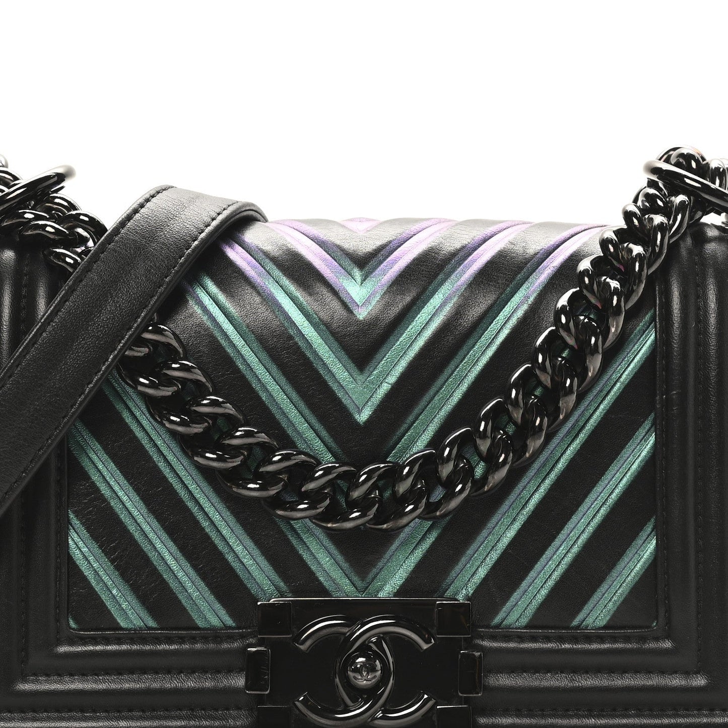Calfskin Painted Chevron Embossed Medium Boy Flap Black