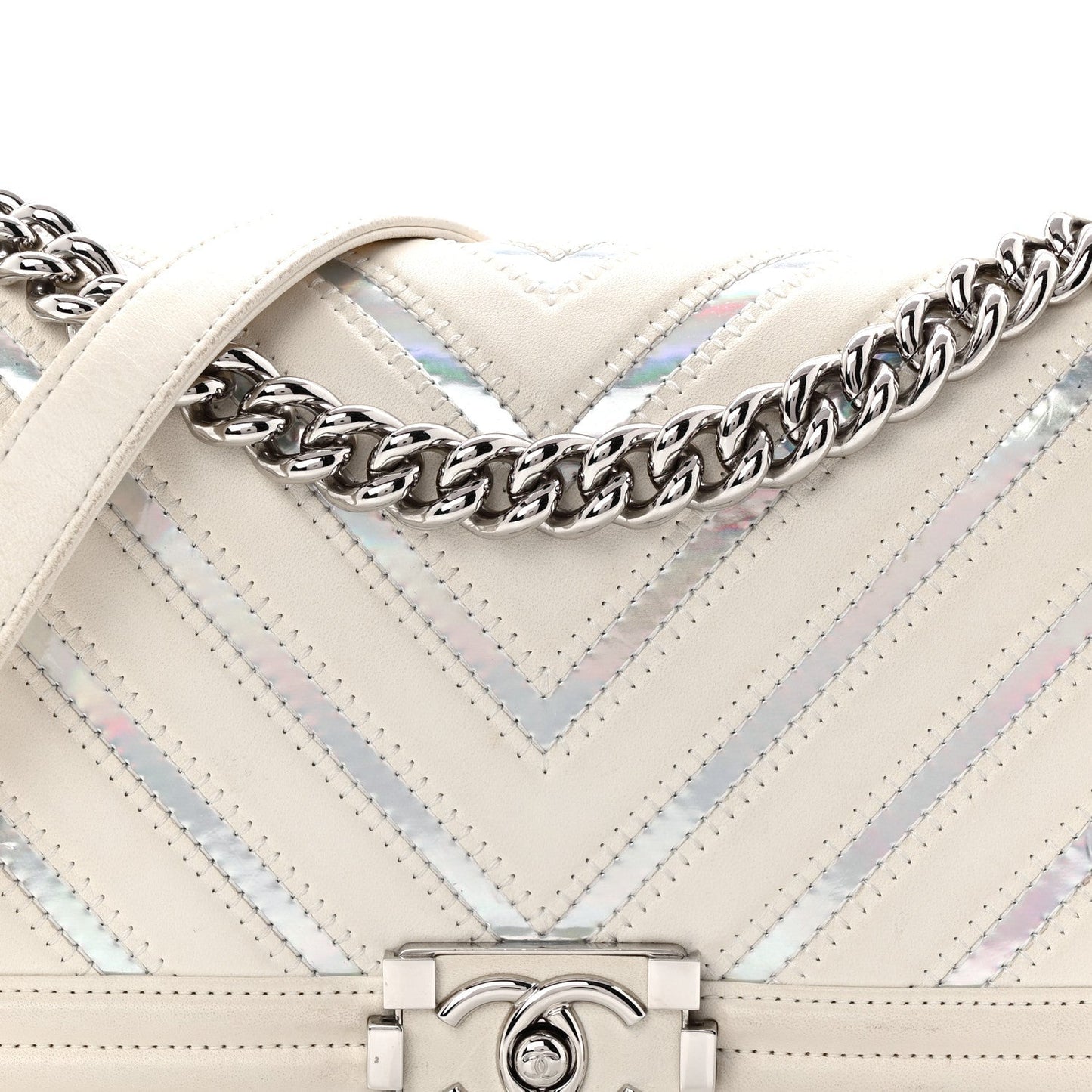 Lambskin Iridescent PVC Chevron Quilted Medium Boy Flap White Silver