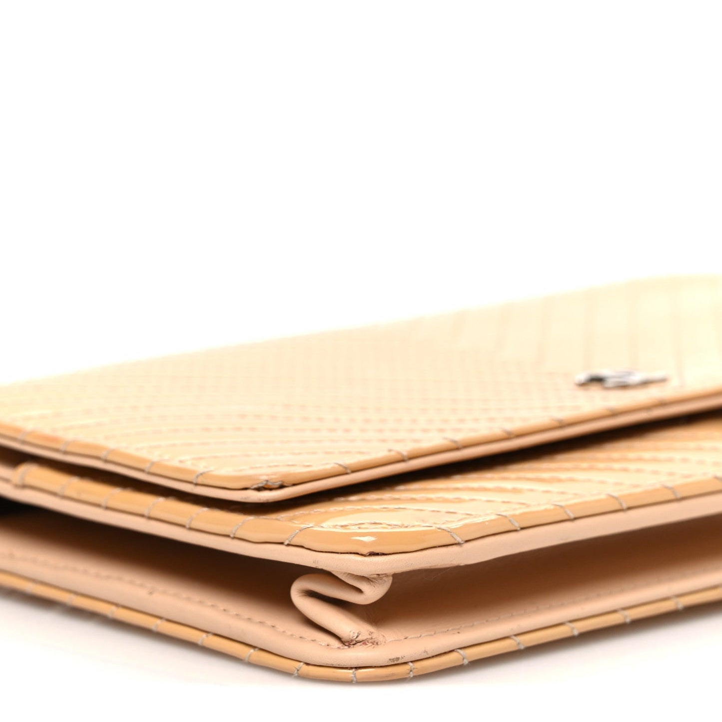 Patent Calfskin Chevron Quilted Wallet On Chain WOC Beige
