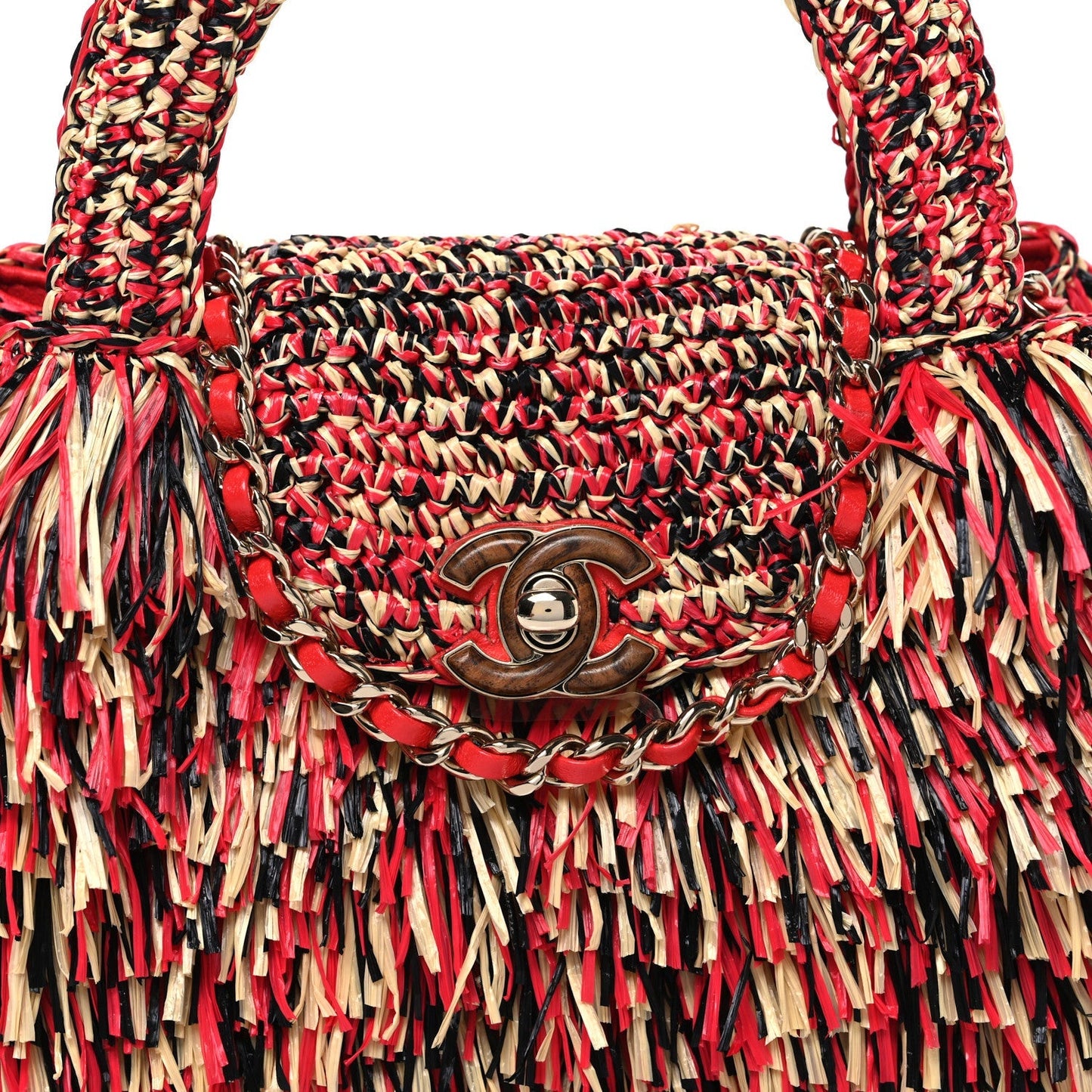 Raffia Fringe Nano Kelly Shopper Red Beige Black