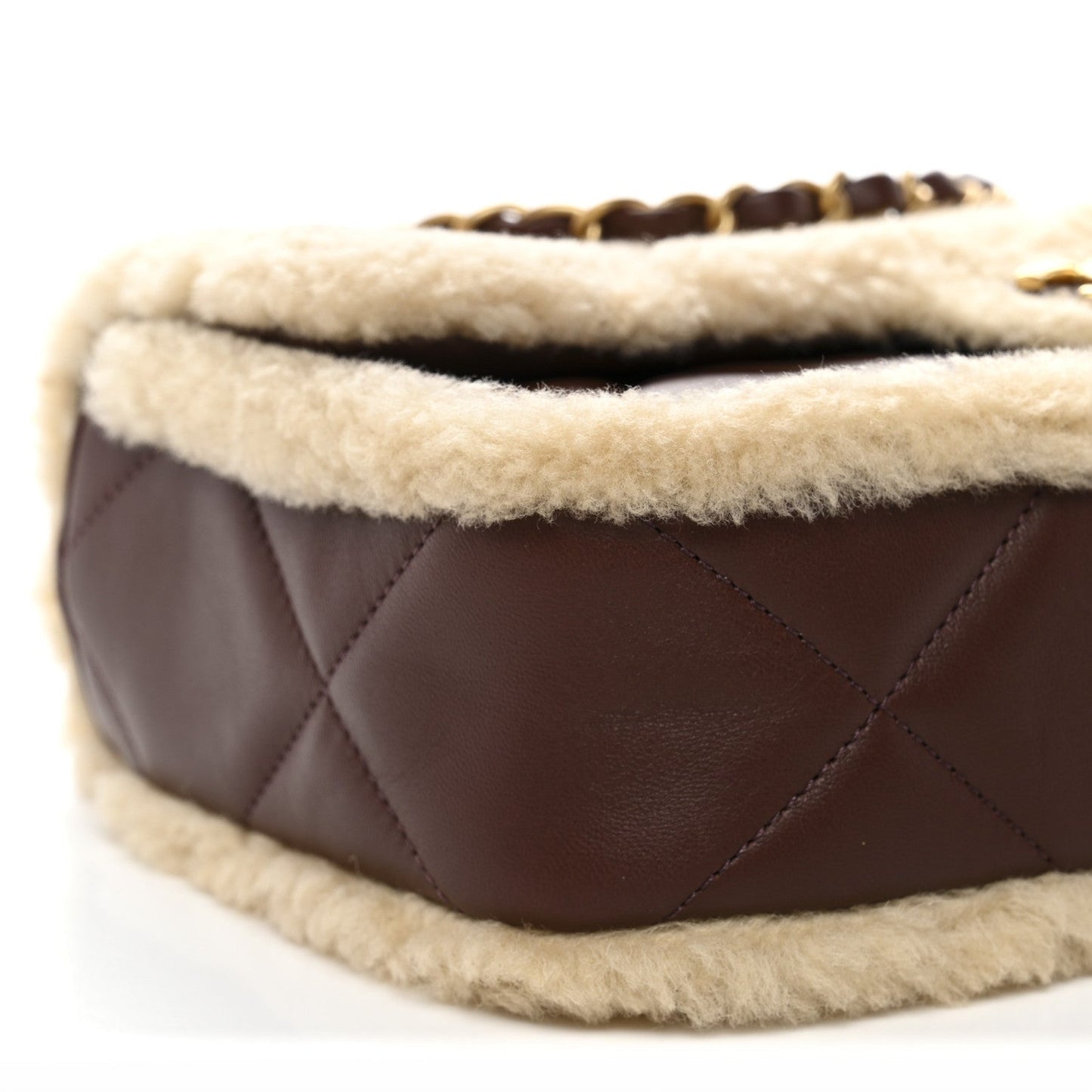 Shearling Lambskin Quilted Furry Coco Flap Dark Brown Beige