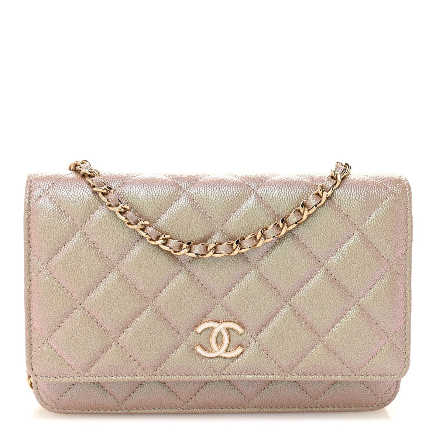 Iridescent Caviar Quilted Wallet on Chain WOC Beige