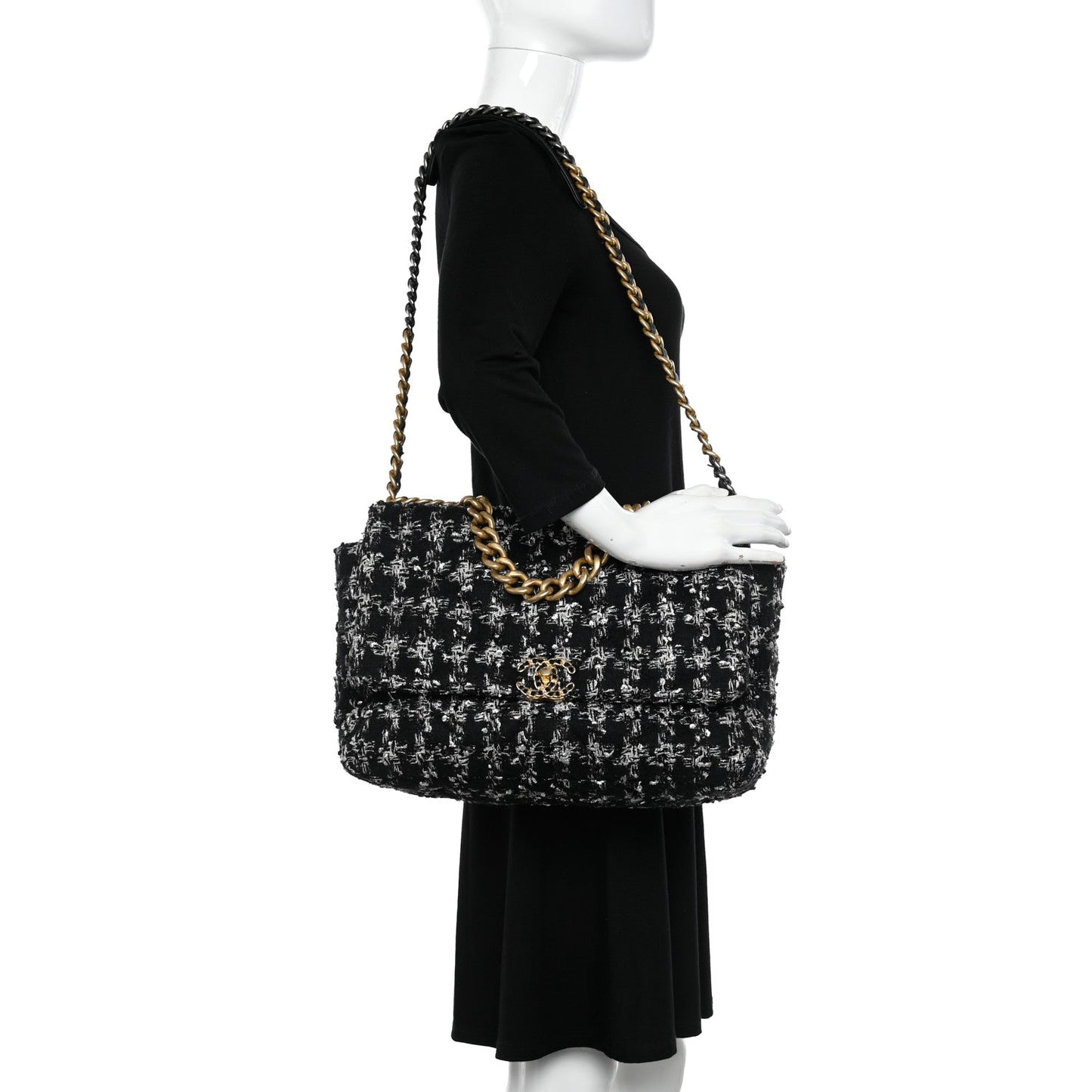 Tweed Quilted Maxi Chanel 19 Flap Black Silver Ecru