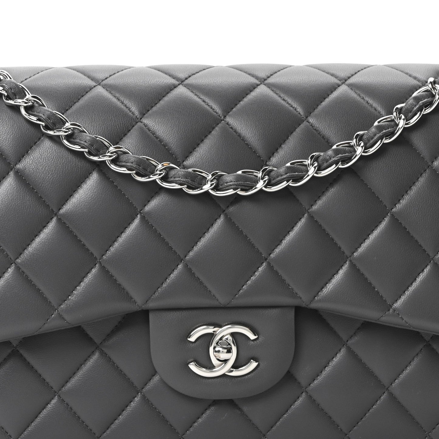 Lambskin Quilted Jumbo Double Flap Dark Grey
