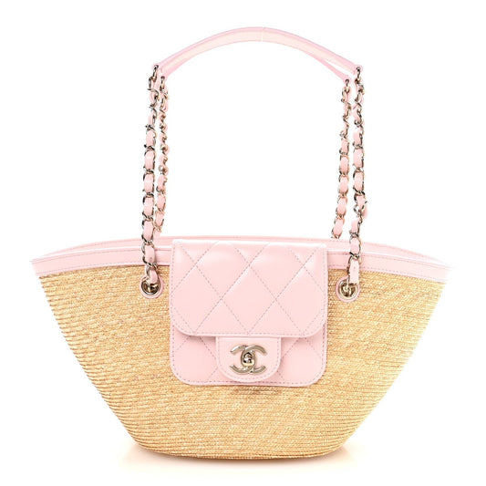 Raffia Lambskin Small Wicker Tote Beige Light Pink