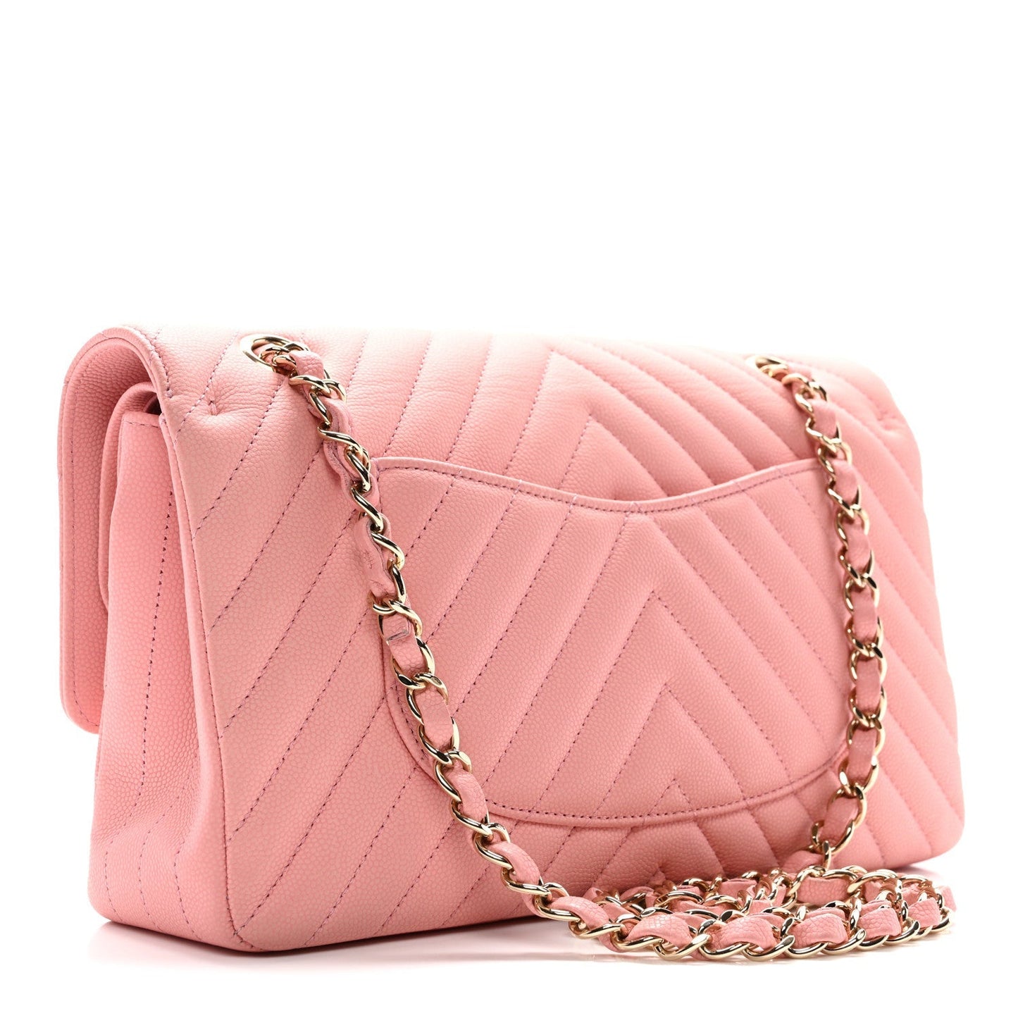Caviar Flat Chevron Quilted Medium Double Flap Pink
