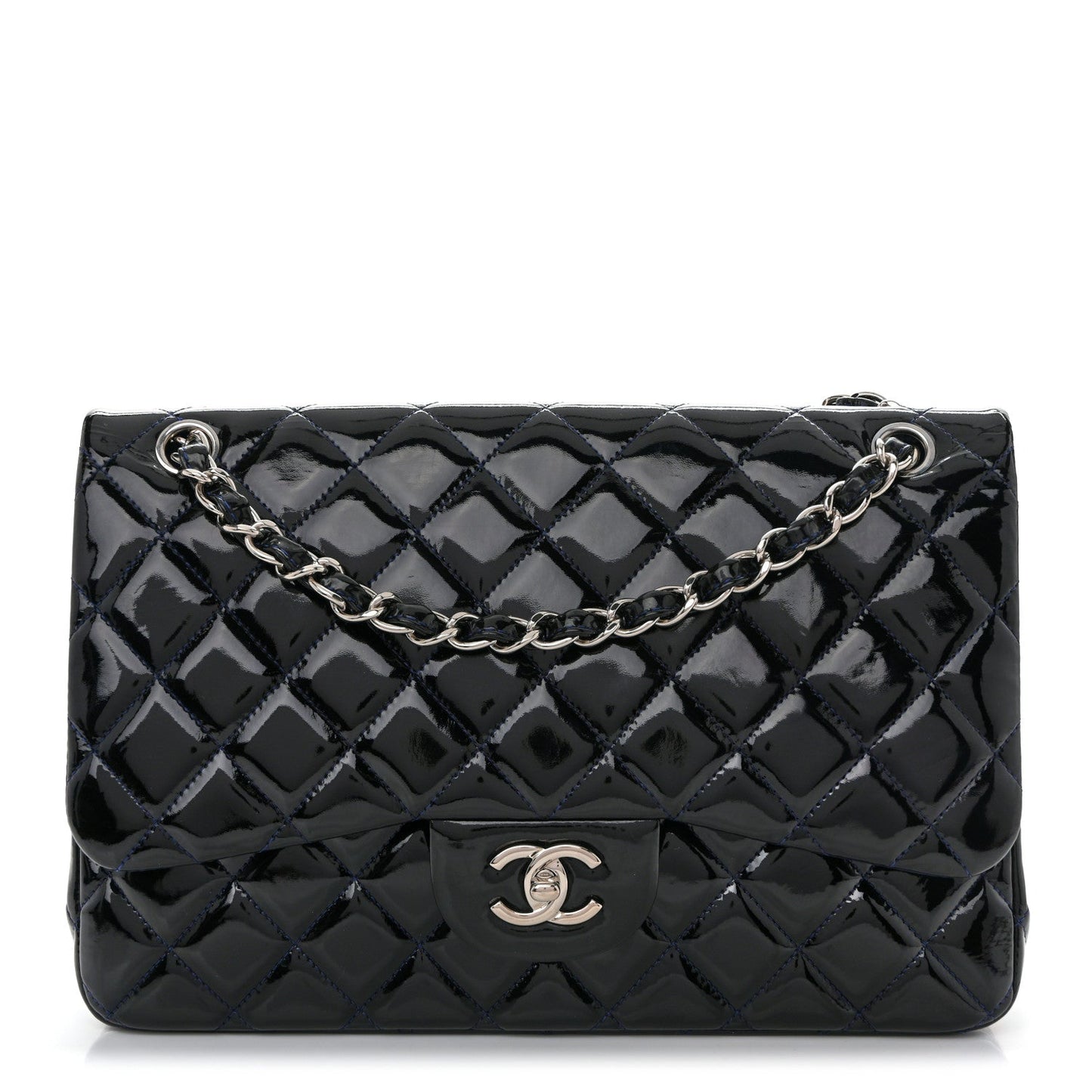 Patent Quilted Jumbo Double Flap Dark Blue
