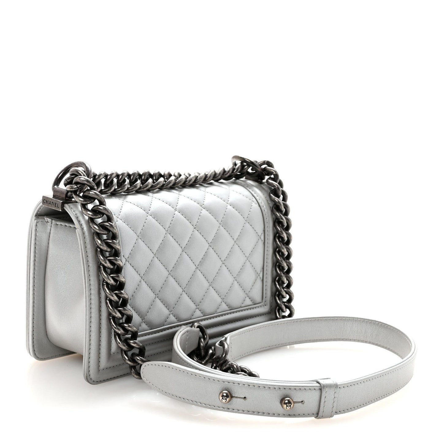 Metallic Calfskin Quilted Small Boy Flap Silver