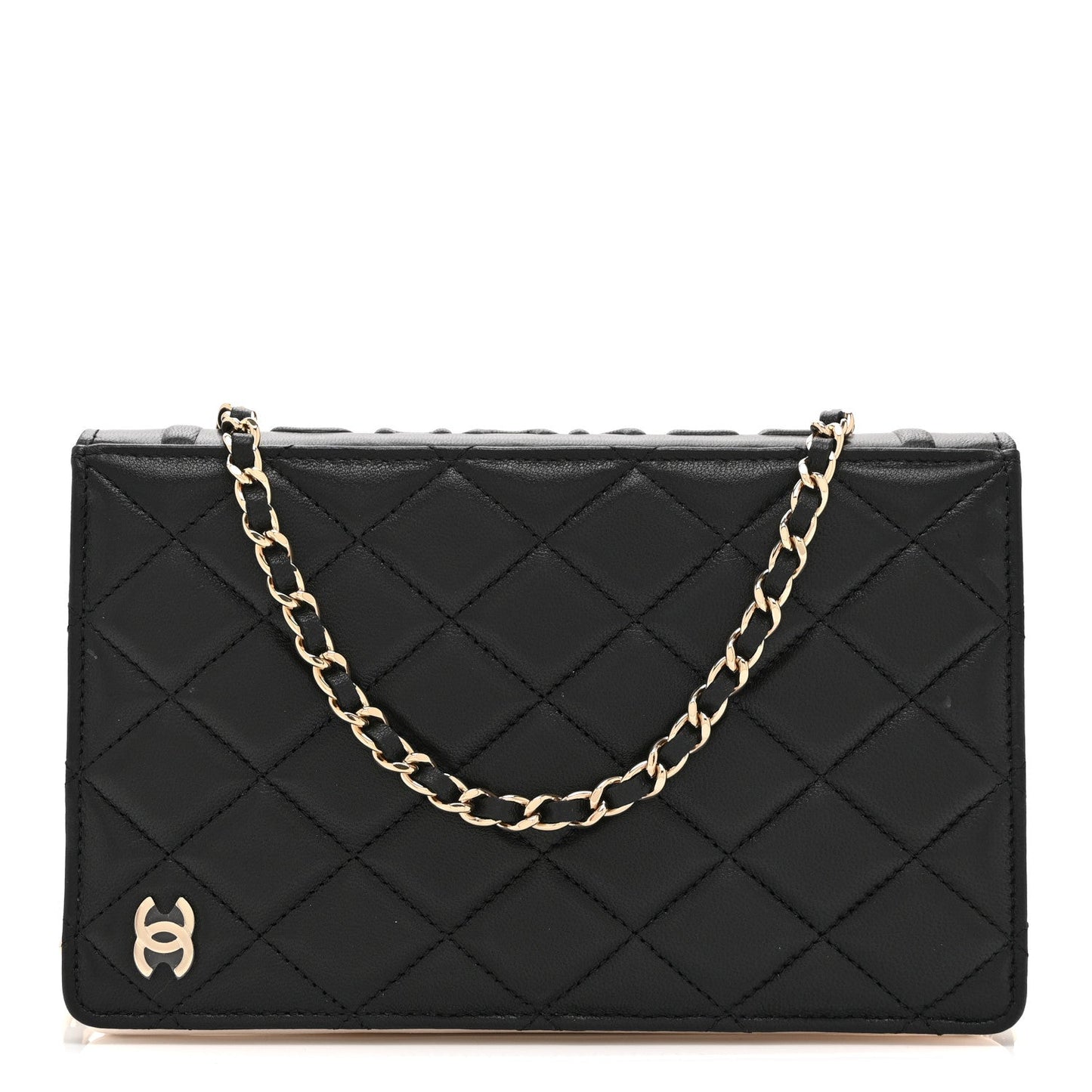 Lambskin Quilted Book Wallet On Chain WOC Black