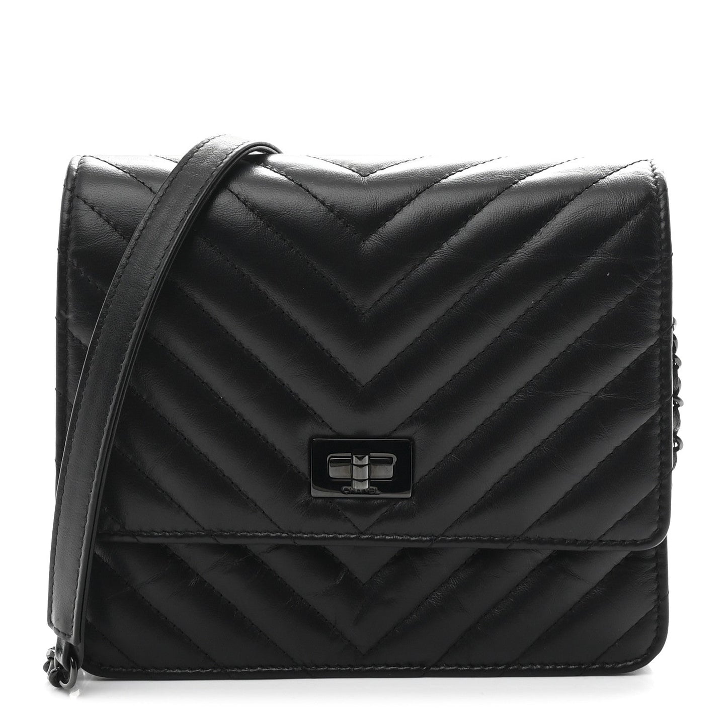 Aged Calfskin Chevron Quilted Reissue 2.55 Square Wallet On Chain WOC So Black