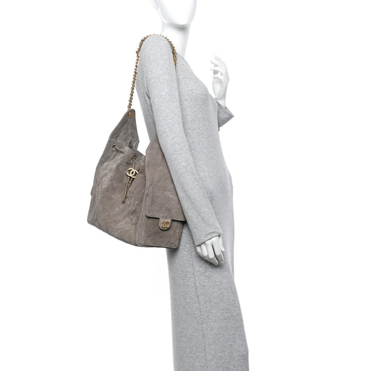 Suede Quilted Medium Chanel 25 Handbag Dark Grey