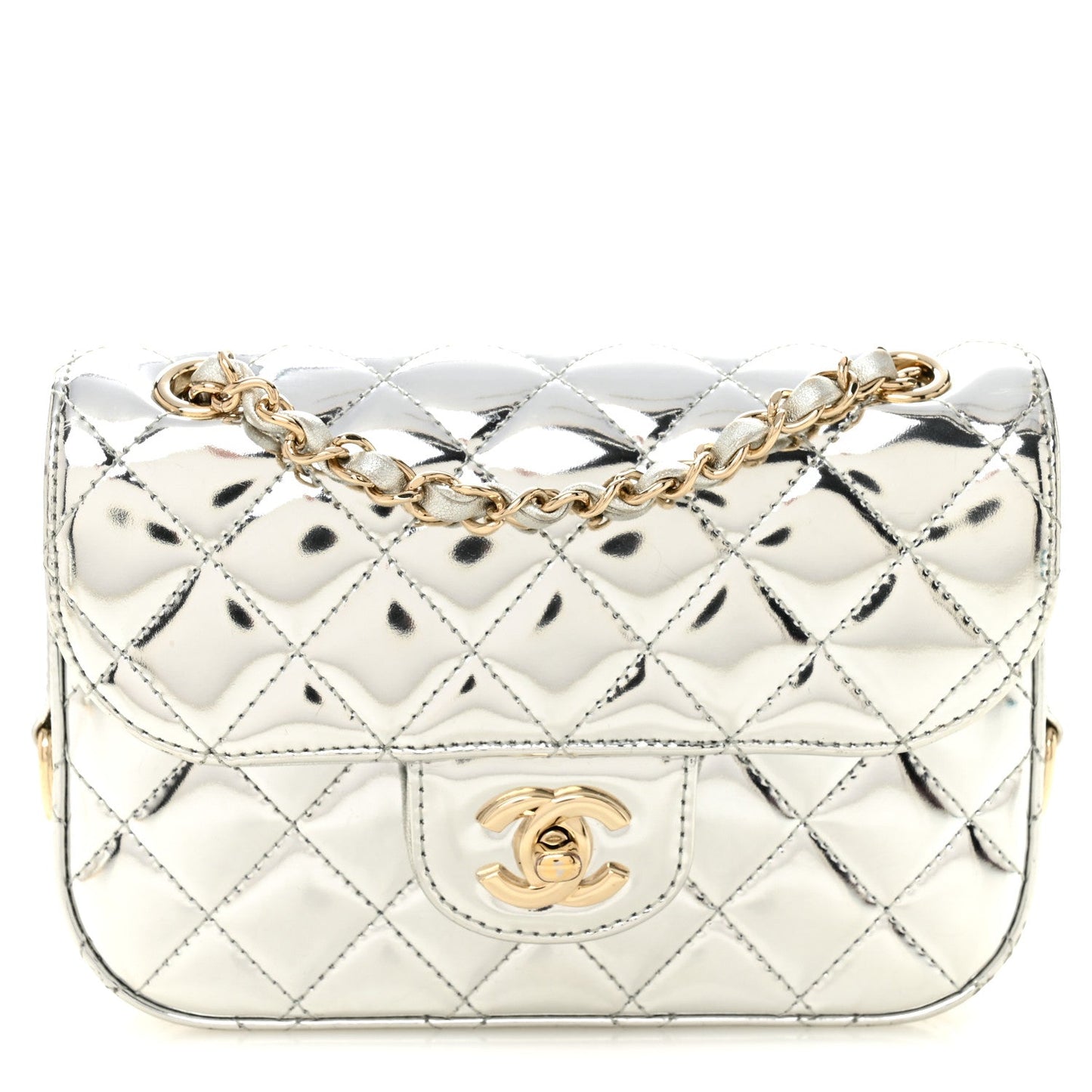 Mirror Calfskin Metallic Calfskin Quilted Hollywood Boulevard Mini Flap With Star Coin Purse Silver