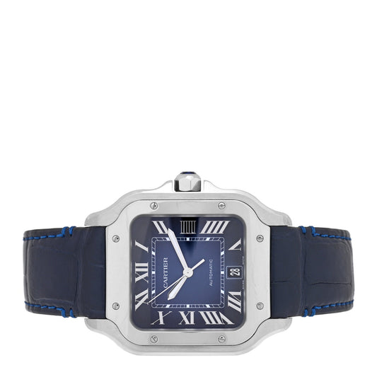 Stainless Steel Alligator 39.8mm Santos De Cartier Automatic Watch Blue